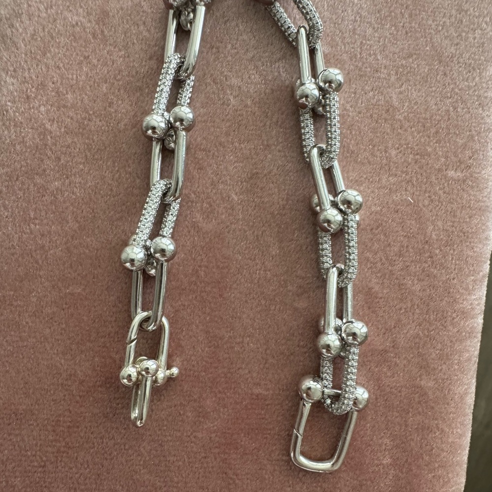 925 Sterling Silver Hardware U-Link Bracelet CZ 32g Chunky! 7” + .5” - Picture 6 of 6